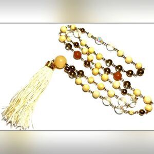 Necklace Gold Tone Chain Bead Tassel Cream Glass Matte Long 35"